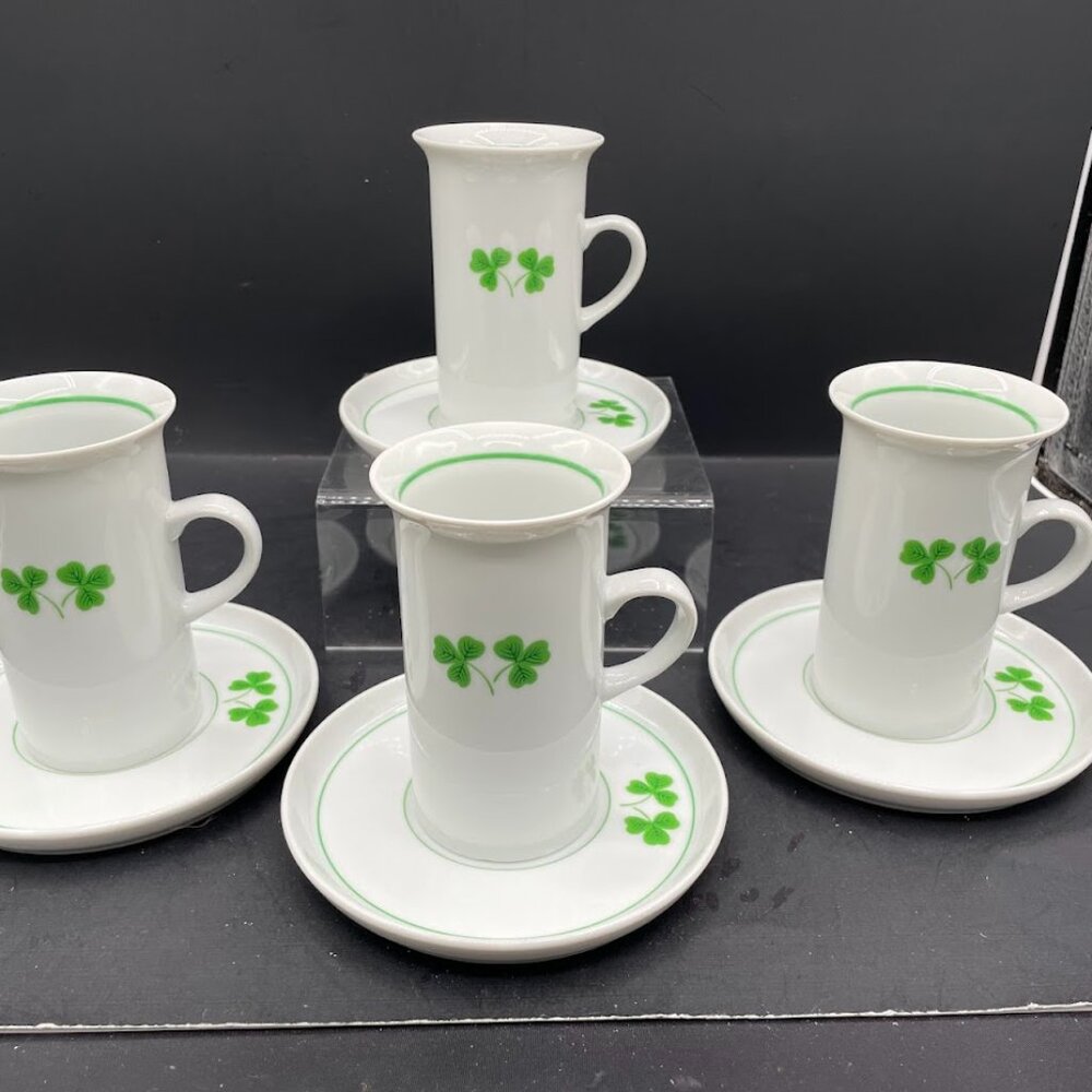 The Toscany Collection By Feeney Japan White Irish Clover Cup & Saucer Set of 4